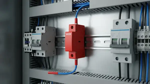 Czerwony moduł VIOX, chroniący przed łukiem elektrycznym, zamontowany w szafie sterowniczej obok wyłączników.