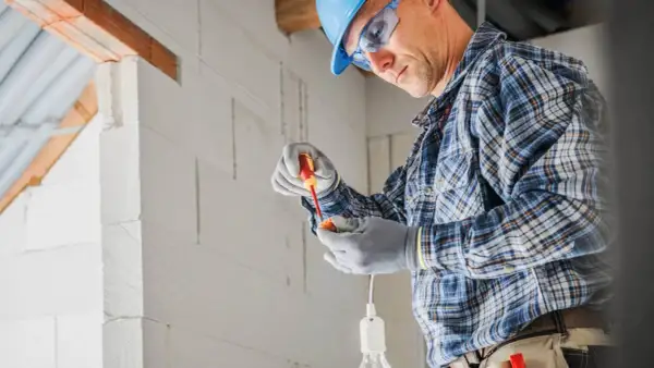 Elektryk w kasku i okularach montuje oprawkę żarówki. Dokładny koszt instalacji elektrycznej zależy od wielu czynników.