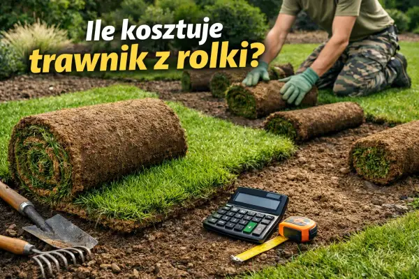 Rolki trawy na ziemi, obok kalkulator i miarka. Zastanawiasz się, ile kosztuje trawa z rolki?