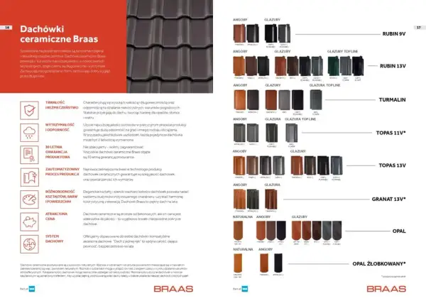 Przegląd rodzajów dachówek ceramicznych Braas: modele Rubin, Turmalin, Topas, Granat, Opal w różnych kolorach i wykończeniach.
