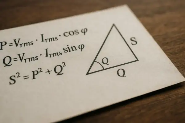 Formuły elektryczne: P=Vrms⋅Irms⋅cosφ, Q=Vrms⋅Irms⋅sinφ, S²=P²+Q². Trójkąt prostokątny z oznaczeniami P, Q, S. Moc pozorna S.
