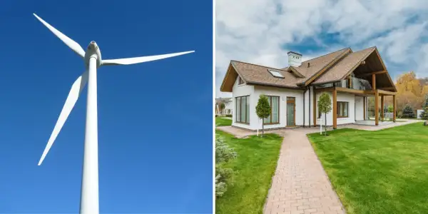 Przydomowe elektrownie wiatrowe zapewniają czystą energię dla nowoczesnego domu z pięknym ogrodem.