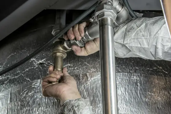Ręce hydraulika montują baterię podtynkową. Sprawdź montaż baterii podtynkowej cena.