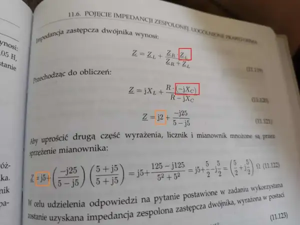 Obliczenia impedancji zespolonej dwójnika, pokazujące przekształcenia wzorów i upraszczanie wyrażeń.