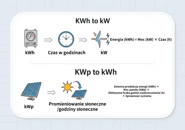 Wyjaśnienie zależności między kWh a kW. Energia (kWh) = Moc (kW) × Czas (h). Produkcja energii z paneli (kWh) zależy od mocy panelu (kWp) i godzin słonecznych.