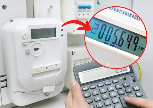 Kalkulator pokazuje odczyt licznika energii elektrycznej 2005.649 kWh. Sprawdzanie kody obis.