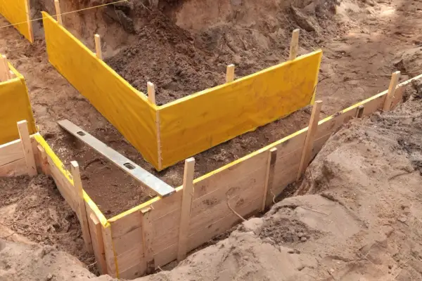 Wykonanie szalunku pod fundamenty z żółtą membraną i poziomicą.