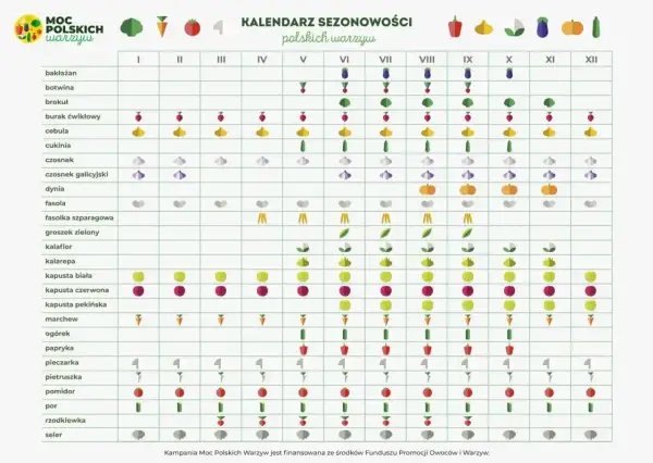 Kalendarz kiedy siać warzywa: od bakłażana po selera, z ikonami wskazującymi najlepsze miesiące do sadzenia.